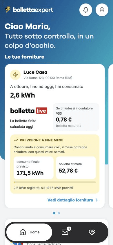 Home dell'app con forniture, consumi e previsione di spesa