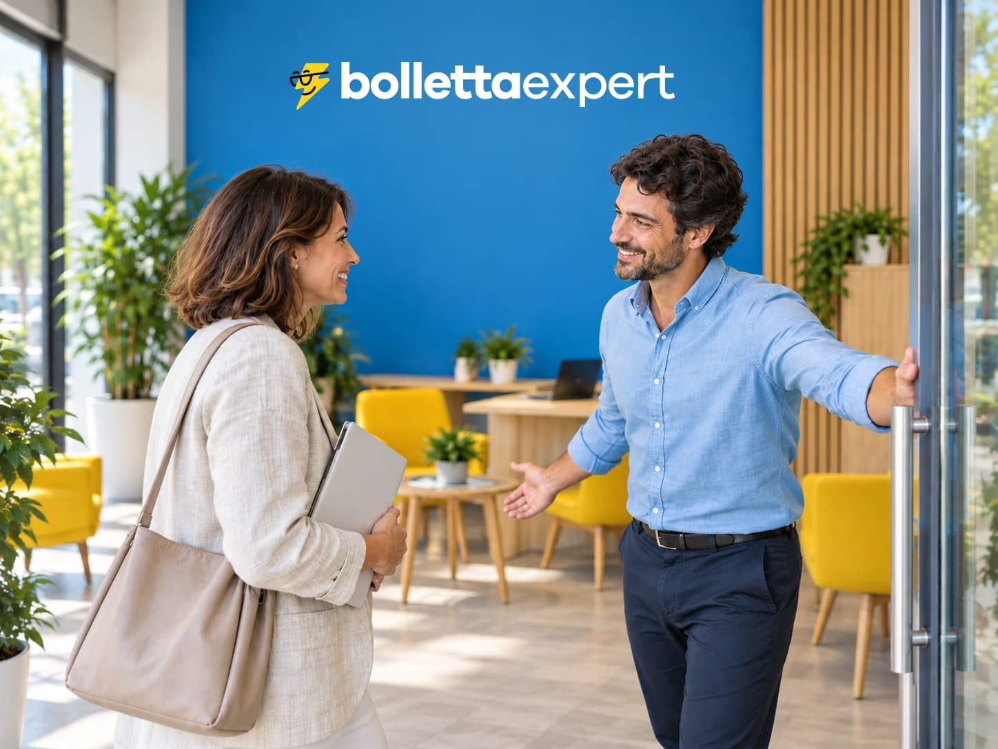 Un consulente accoglie una cliente all’ingresso di un negozio