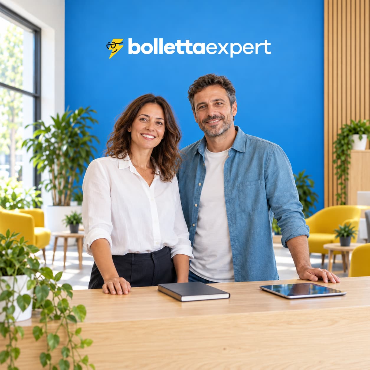 Due professionisti al banco di un negozio di consulenza