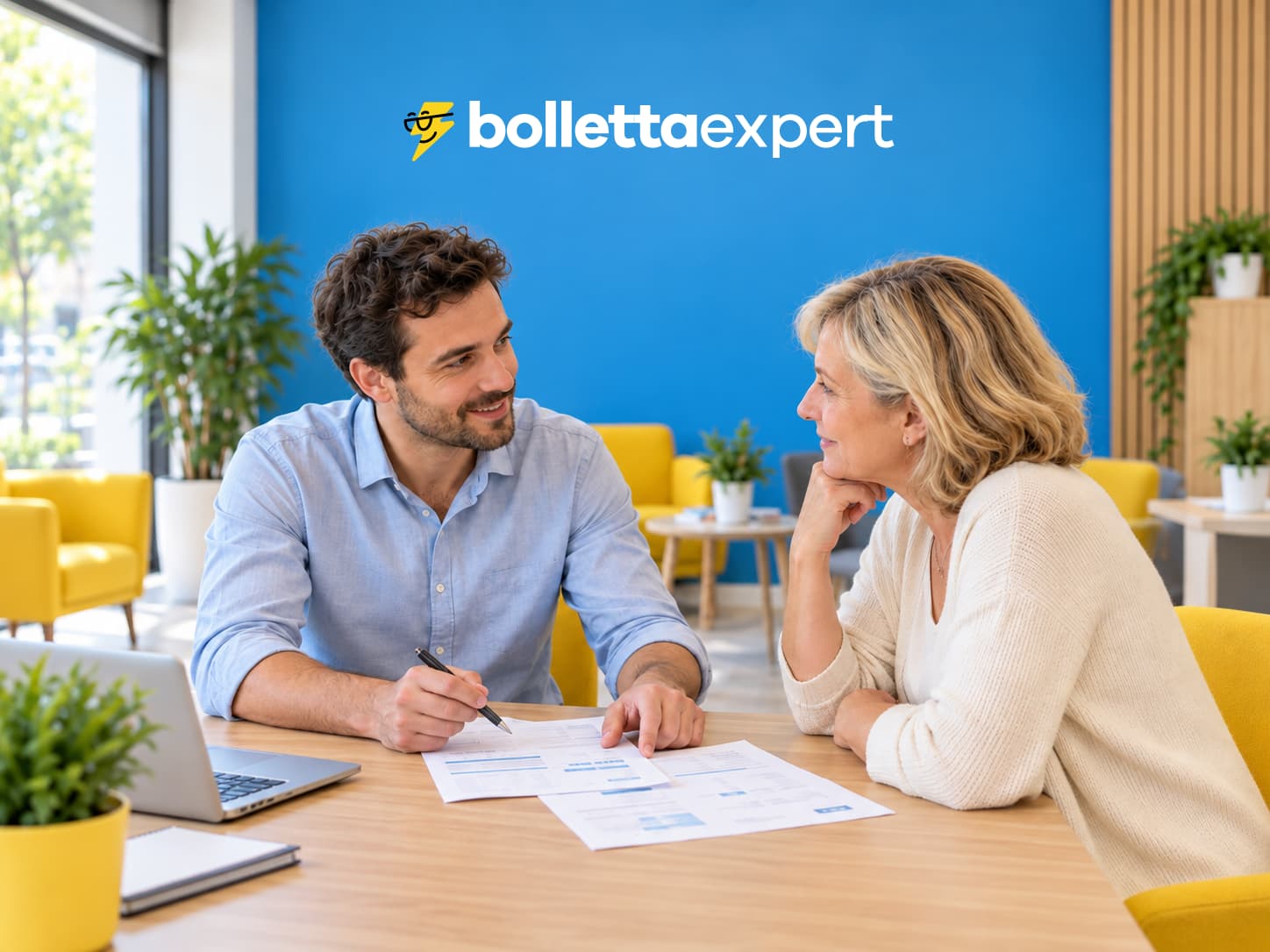 Un consulente ascolta una cliente mentre esaminano insieme una bolletta in negozio